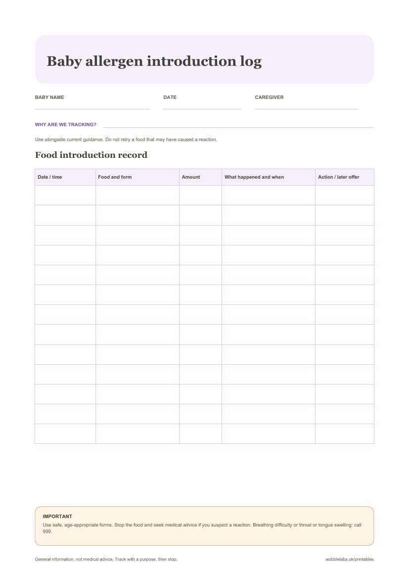 Preview of the Printable baby allergen introduction log PDF